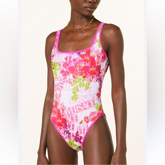 Versace Orchid Logo Print One Piece reversible Swimsuit size M